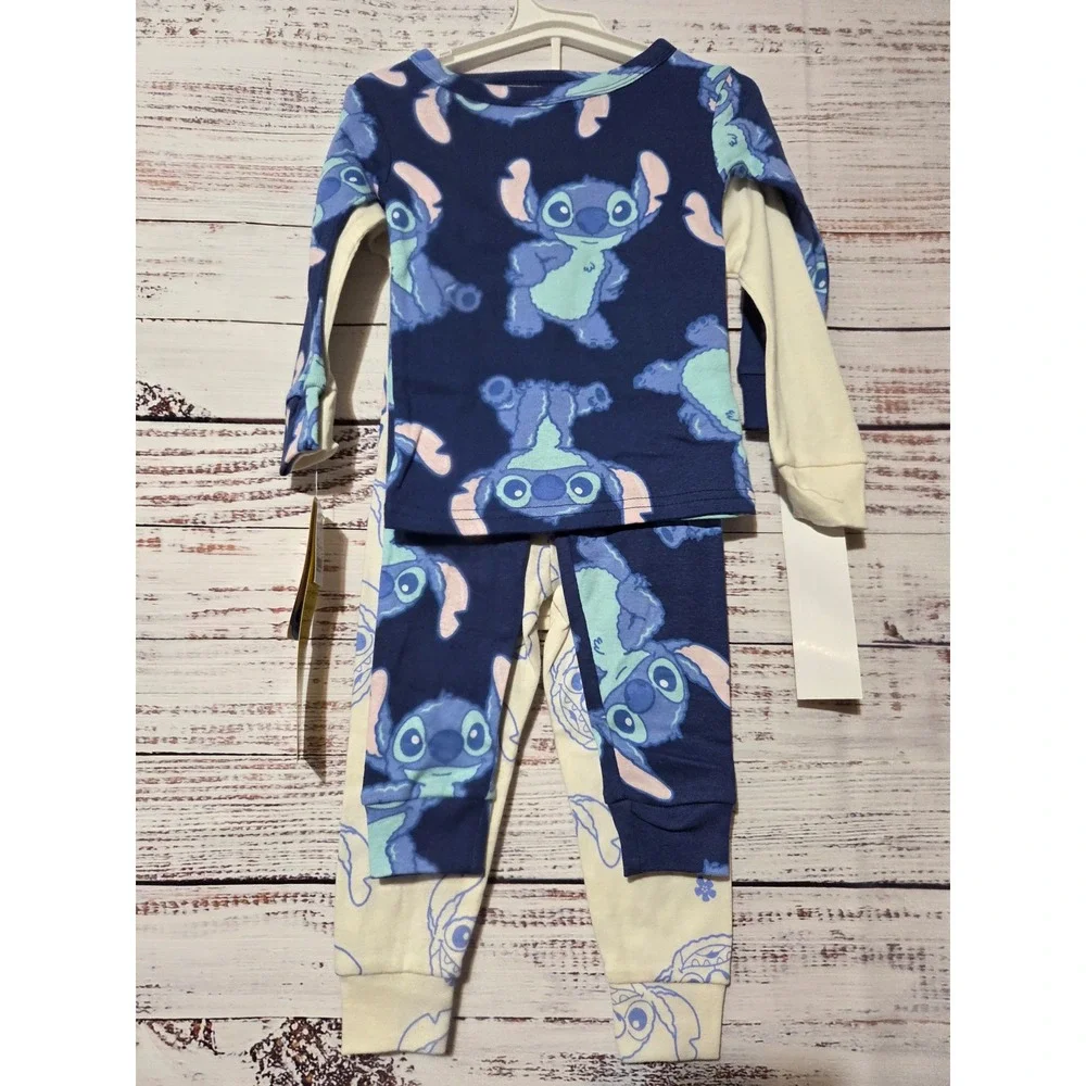 Disney Lilo & Stitch 4-Piece Pajama Set Kids 2T Navy Cream Cotton Snug Fit NWT